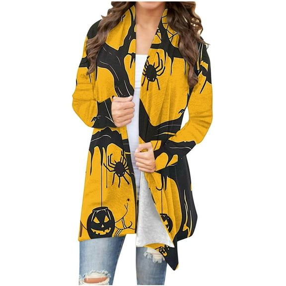 WXLWZYWL Halloween Cardigans for women 2024 Ghost Pumpkin Bat Spide Web Witch Graphic Coats Long Sleeve Lightweight Tops Open Front Fall Jackets