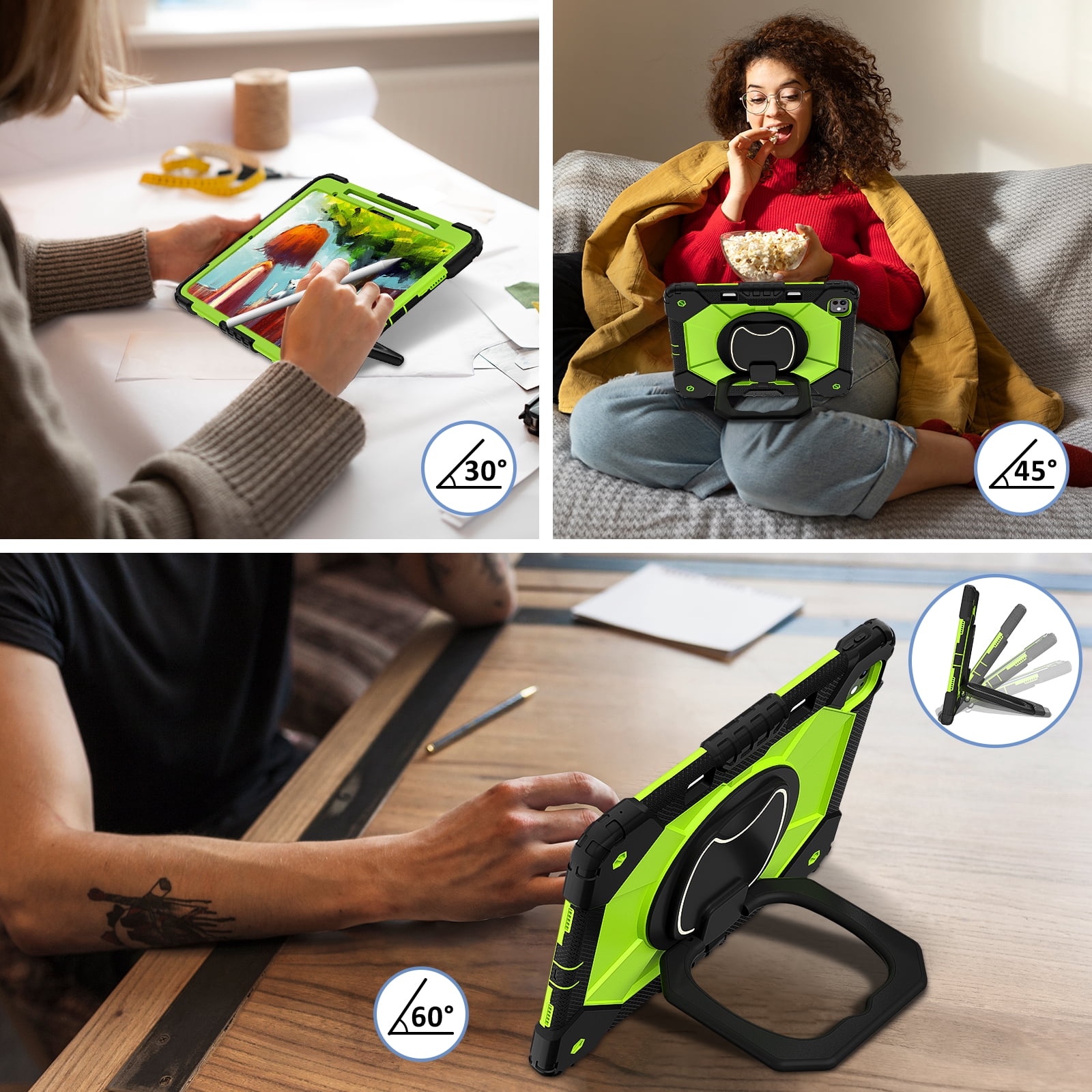Decase Kids Case for Apple iPad Pro 13 13-inch (M5)(M4) 2025/2024,Shockproof Rotatable Stand Cover,Detachable Shoulder Strap,Rugged 3-Layer Tablet Shell with Pen Holder,Black+Green