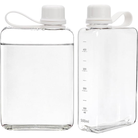 ABCISI 2 Pcs Portable Flat Water Bottle: Clear Square Slim Drinking Bottle, BPA Free Reusable Water Bottle with 17oz Capacity, Leak-Proof for Outdoor Sports, Camping, Fitness, White