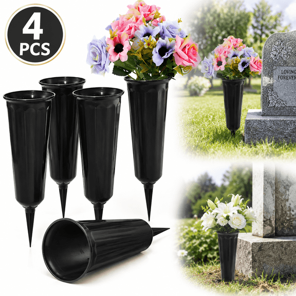 Set of 4 Memorial Floral Vases with Stake, Cemetery vases for grave, Headstones Flower Holder, Grave Cone Vase, Flower Pots for Outdoor Plants, Decorative Plastic Containers (Black)