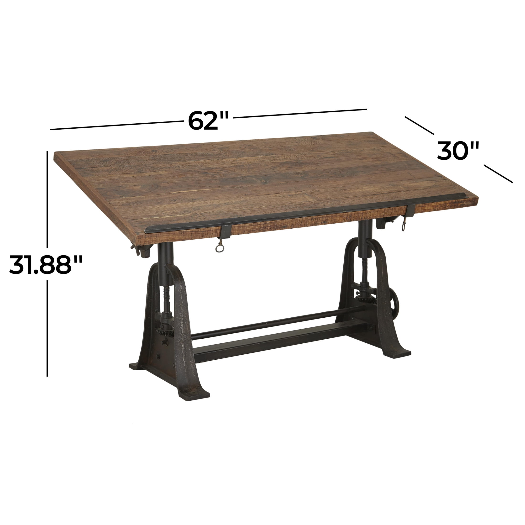 DecMode 62" x 32" Brown Teak Wood Drafting Style Desk with Tilting Top and Crank Height Adjustment, 1-Piece