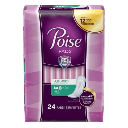 Poise Incontinence Pads, Light Absorbency, Long, 96 Count (4 Packs of 24) (Packaging May Vary)