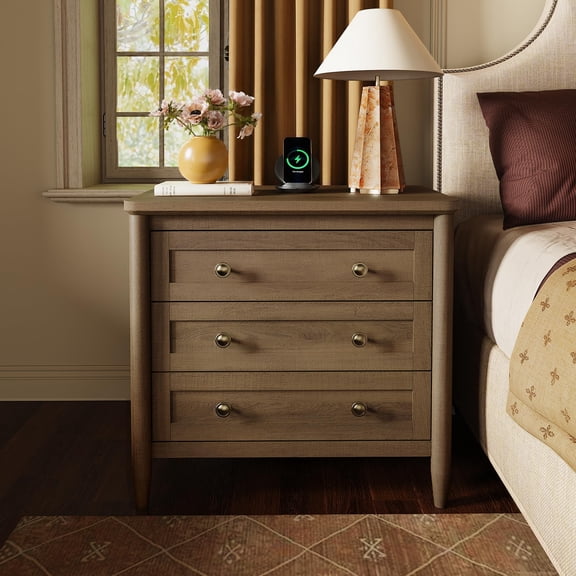 Modern Farmhouse Nightstands Set Of Two Tall Night Stand Unit With Hidden Charging Station USB Ports Wood Legs Bedside Tables Larger End Table Storage Drawers Bedside Cabinets Bedroom Living Room Wal