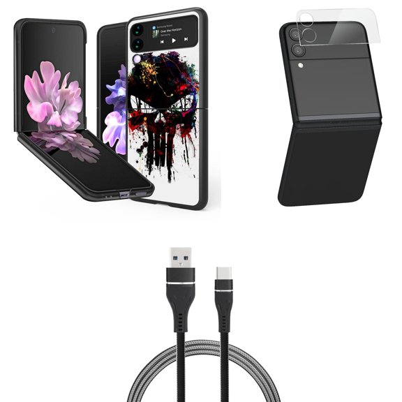 Bemz Premium Bundle for Samsung Galaxy Z Flip 3 5G: Slim Snap-On Protector Case (Paint Splatter Skull), Rear Camera Glass Protector, Nylon Braided USB-C to USB-A Cable (3 Feet)