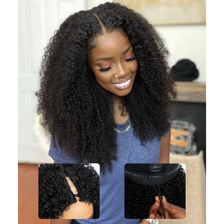 QVR V Part Wig Human Hair Kinky Curly No Leave Out V Shape Full Clip In Half Wig with Drawstring Black Curly U Part Human Hair Wig for Black Women 22 Inch