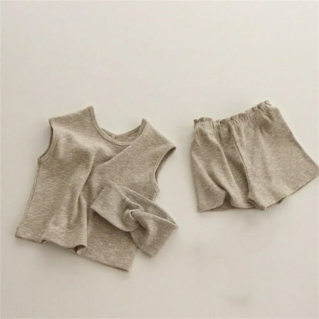 

nsendm Newborn Infant Baby Girls Boys Summer Autumn Solid Cotton Sleeveless Short Pants Tshirt Shorts Headbands Set Boy Baby Childrenscostume Khaki 18-24 Months