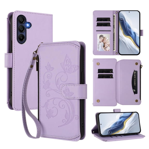 TECH CIRCLE for Samsung Galaxy A57 PU Leather Flip Stand Wallet Case, Shockproof,Zipper Pocket with Card Slots & Detachable Wrist Strap Shoulder Strap TPU Folio Cover,Purple
