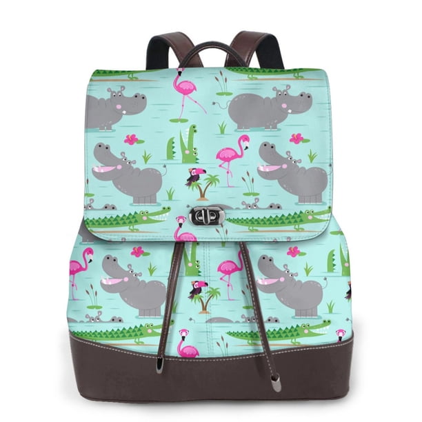 Easygdp Hippo With Flamingos And Crocodiles Mochila de Cuero para Mujeres, Bolso de Hombro, Bolsos de Mano de Moda para Trabajo y Viajes