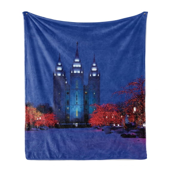 Scenery Soft Flannel Fleece Throw Blanket, City Building Castle Landmark Landscape in Winter with Christmas Celebration, Cozy Plush for Indoor and Outdoor Use, 50" x 70", White and Blue, by Ambesonne