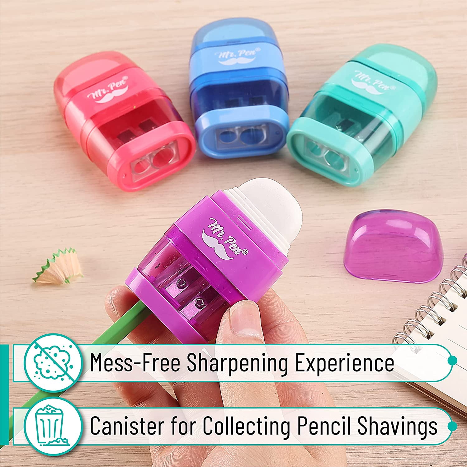 Mr. Pen- Pencil Sharpener & Eraser, 4 Pack, Colorful, 2 Sharpening Holes