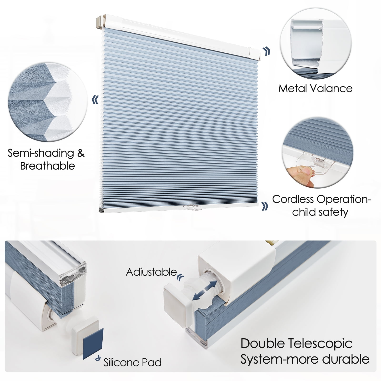 Keego Cellular No Drilling Blind for Window Honeycomb Cordless Window Blinds Easy Installation Heat Insulating Noise Reducing Window Shades Semi-Blackout Steel Blue, 27.0"w x 48"h