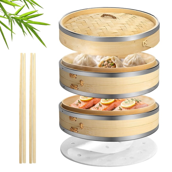 Bamboo Steamer Basket Set (10 inch) with Stainless Steel Banding 50x Steamer Liners and 2 Pairs of Chopsticks, Chinese Steamer for Cooking Food