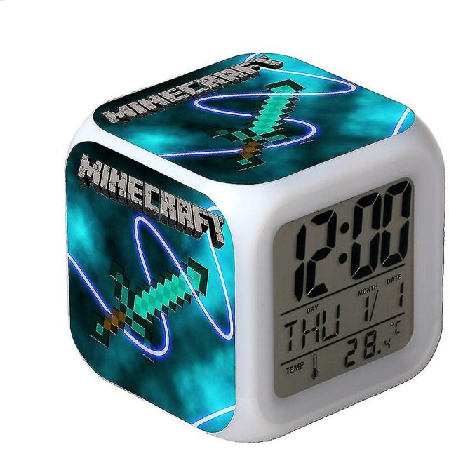 Minecraft Reloj despertador colorido Led que cambia de color Reloj de dibujos animados Estudiante Luz nocturna silenciosa Regalo de Navidad Regalo de cumpleaños 01