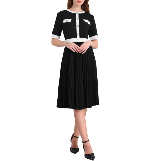 Vestido de manga corta plisado para mujer 2025 tendencia color de contraste vestido midi A-line casual negro