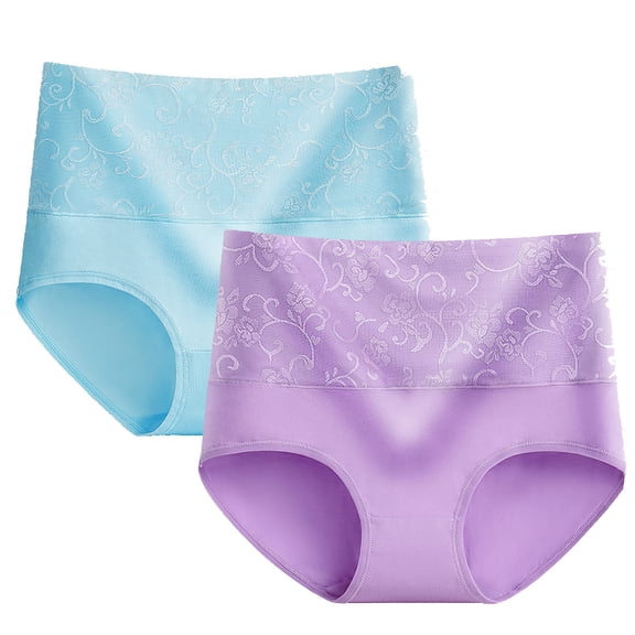 Fewfanhot 2Pack Women's Cotton High Waist Rose Jacquard Panties, Tummy Control Hip Lifting Lace Underwear Comfortable Stretchy Briefs for Daily & Shape Wear