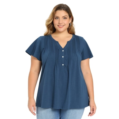 Women's Plus Women's Work Tops Button Notch Neck Ruffle Sleeve Casual Blouse 2X Dark Blue
