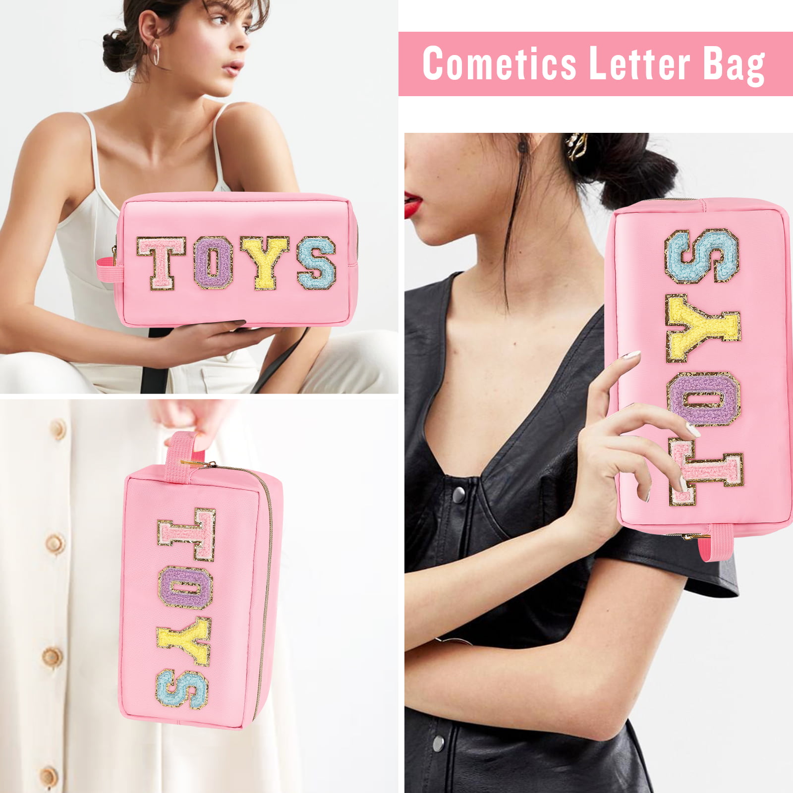 Kajaia 4 Pcs Nylon Chenille Letter Bag Pouches Cosmetic Makeup Toiletry Bag  Cute Makeup Bags for Women Travel Zipper Preppy Pouch for Teens Girls