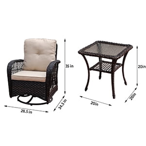 Abble 3 Pieces Patio Furniture Set, Swivel Rocking Outdoor Patio Conversation Set Wicker Rattan Seating Group Set with Beige Cushions, Dark Brown
