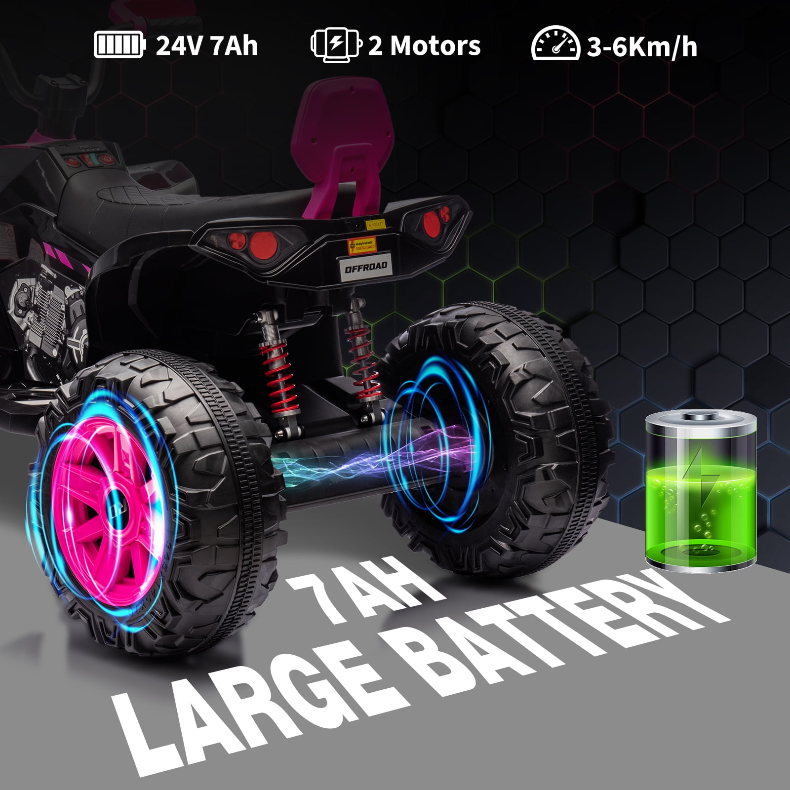 24V 2 Seater Kids ATV, 4-Wheeler Electric ATV, Off-Road Dirt Quad Car with Powerful Motors, 14.4" Wheels, High Low Speed, Music, LED Lights, Best Gift for Boys and Girls