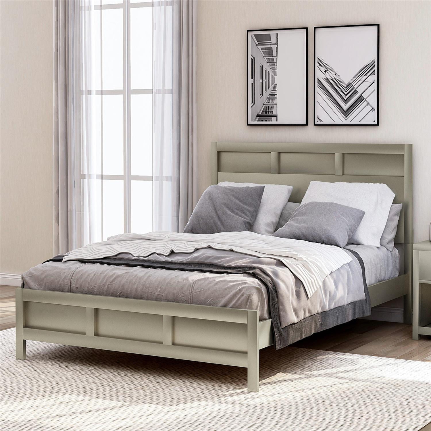Full Size Modern Platform Bed Frame with Headboard, Solid Pine Wood Bed