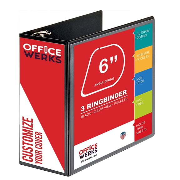 6 Inch Ring Binder With Slant D-Rings, Black, Clear View, Pockets