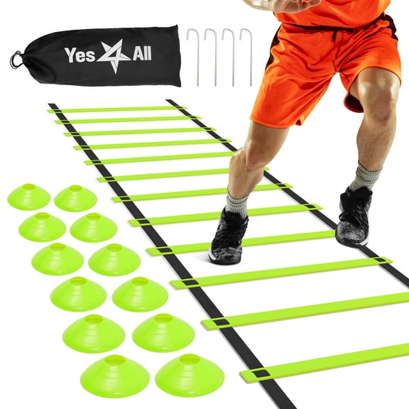 Yes4All Agility Ladder – Adjustable Speed & Agility Training Equipment for All Ages, Durable Speed Ladder, Multiple Combo Sets Available, Lime, 12 Agility Cones, 4 Steel Stakes