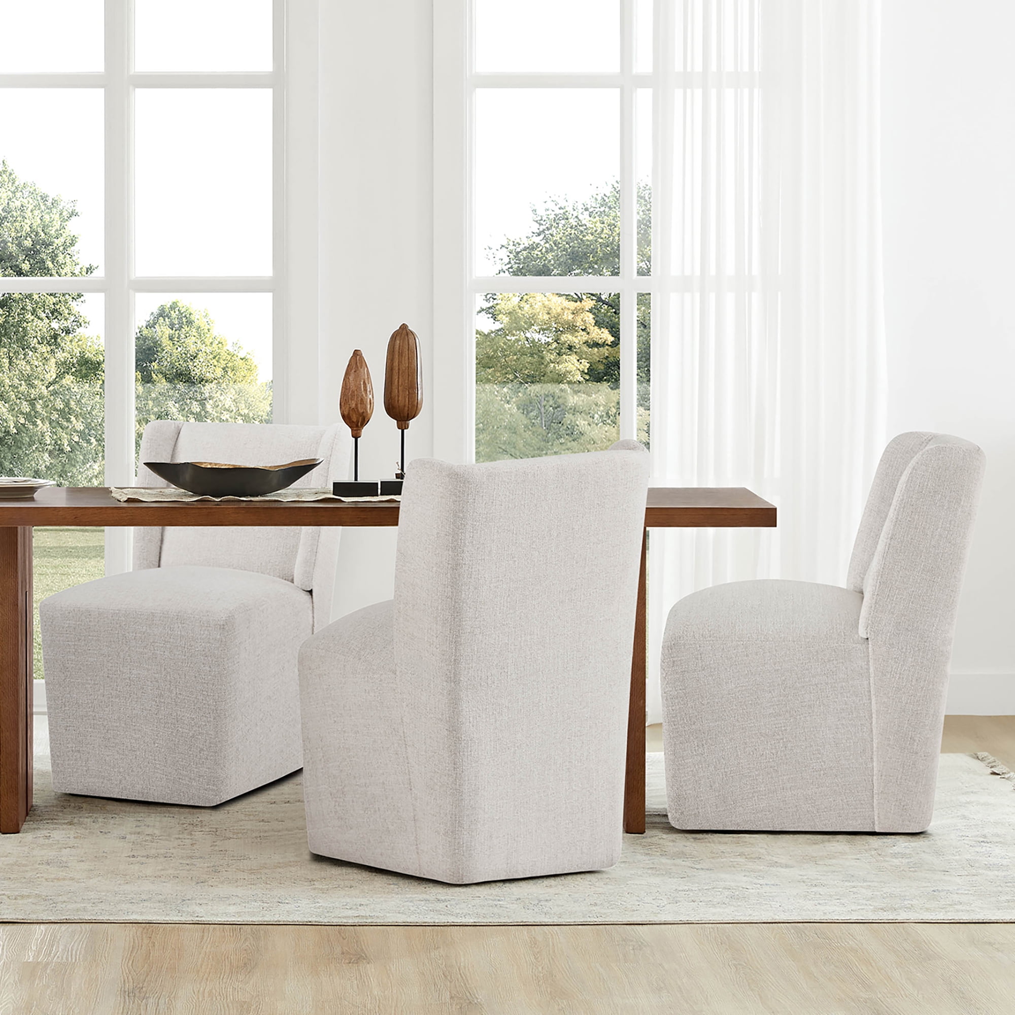 Spruce & Spring Anywhere Upholstered Dining Chair with Hidden Detachable Casters, Stain-Resistant Linen-Look Fabric, White