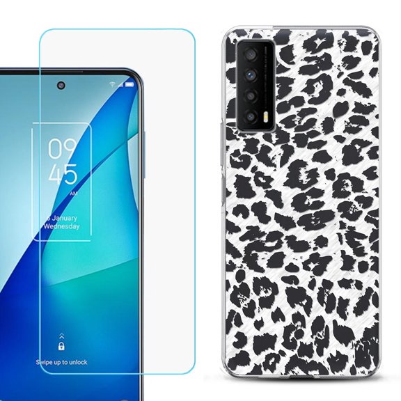 Slim-Fit Gel TPU Phone Case for TCL Stylus 5G, with Tempered Glass Screen Protector, by OneToughShield ® - Cheetah B/W