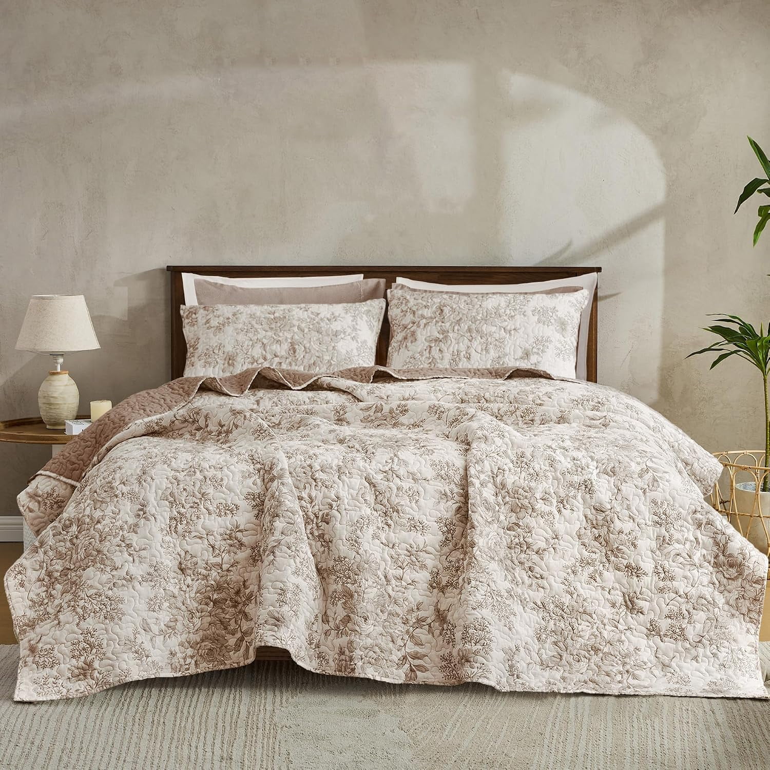 Taupe Floral Cotton Queen Quilt Set 3-Piece