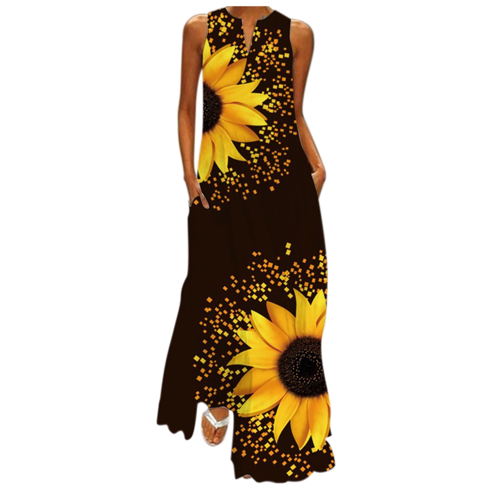 Womens Dress Juniors Casual Dresses with Pockets Party Sleeveless Women Summer Maxi Dress Dress V neck Cami Print Women s Adult Female Clothes Black