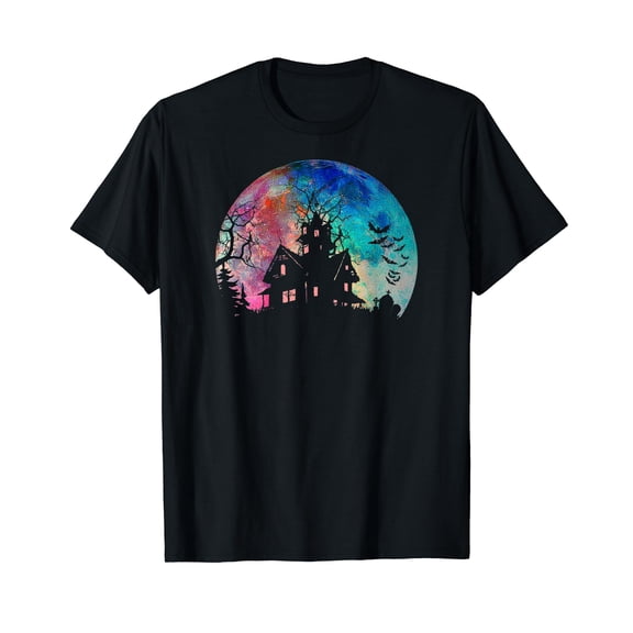 Creepy Haunted House & Spooky Watercolor Full Moon Halloween Black T-Shirt