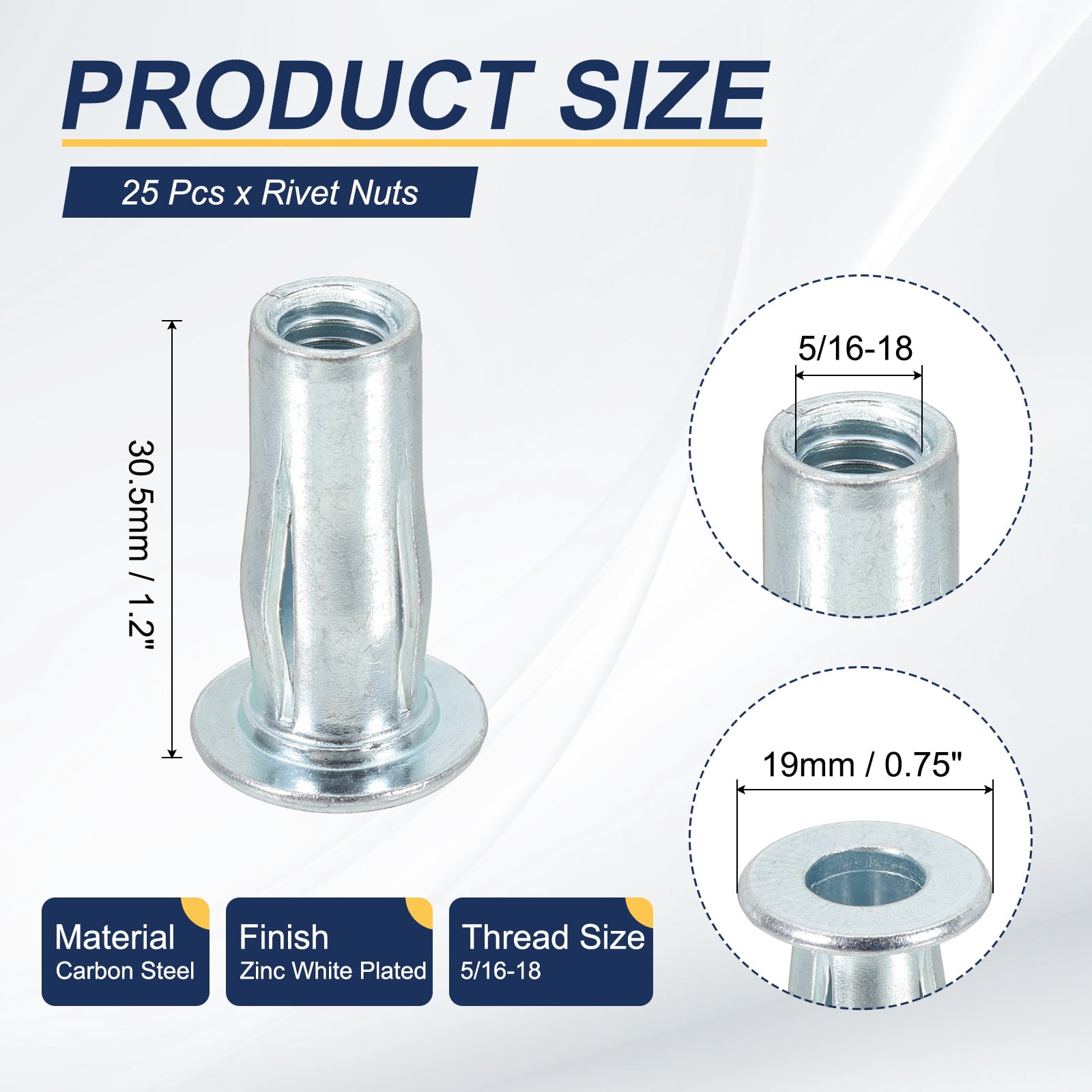 Uxcell 5/16-18 Multi-Grip Rivet Nuts Pre-Bulbed Shank Flat Head Threaded Insert Nuts Carbon Steel Zinc White Plated, 25 Pcs