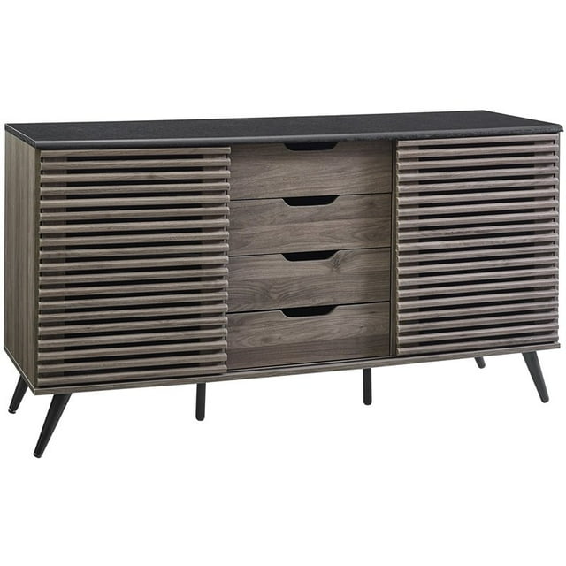 Walker Edison Modern 4 Drawer Sliding Door Wood Cabinet Buffet Entryway Serving Storage Cabinet Doors Dining Room Console, 59 Inch, Black and Slate Grey