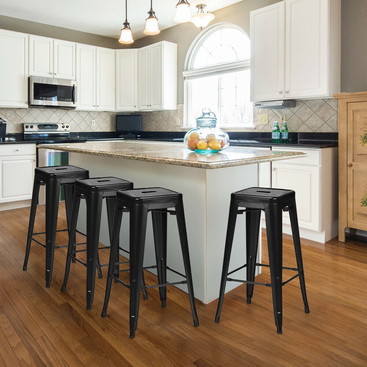 Set of 4 Metal Bar Stools 30'' Bar Height Barstools Industrial w/ Low Back Black