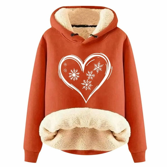 Telankuip Sherpa Lined Hoodies for Women Cute Heart Snowflake Printed Christmas Sweatshirts Thick Warm Comfy Long Sleeve Trendy Drawstring Pullover Tops Orange XL