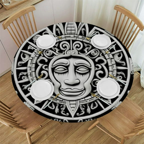 HAOXIT Aztec Tablecloth, Calar of The World Mystery Design Print,Round Table Cover for Dining Room Kitchen Decor