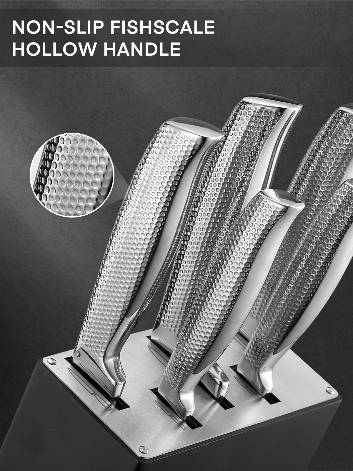 FOHERE 7-Piece Kitchen Knife Set with Sharpener, Unique Waved Pattern & Stainless Steel Handle