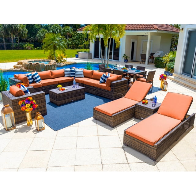 Sorrento 19-Piece Resin Wicker Outdoor Patio Furniture Combination Set in Brown w/ Sectional Set, Six-seat Dining Set, and Chaise Lounge Set (Flat-Weave Brown Wicker, Sunbrella Canvas Tuscan)