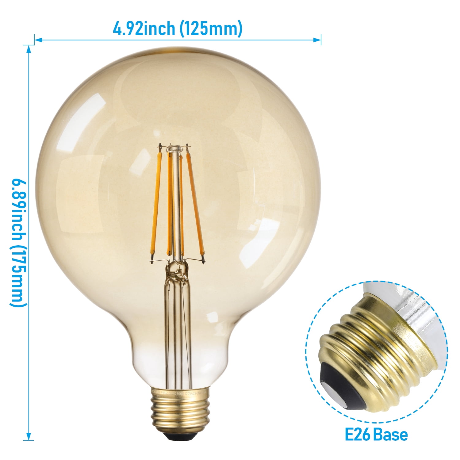 2 Pack G125 LED Decorative Edison Bulbs, Globe Light Bulbs Dimmable, 100W Eqv., Amber, E26 Base, Vintage Filament Light Bulbs for Pendant Light, Floor Lamp, 2500K Soft White