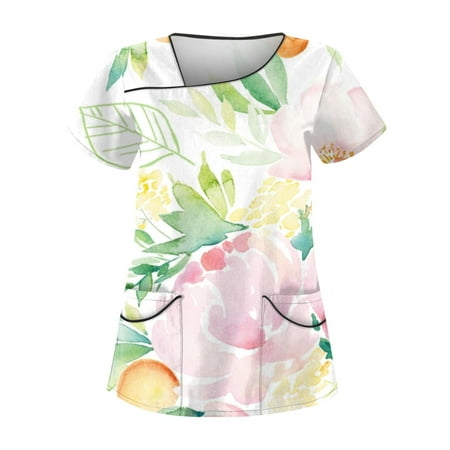 

BIZIZA Womens Scrubs Fitted V Neck Short Sleeve Uniform Floral Graphic with Two Pocket Oversized Elegant Tops Plus Size Pink 5XL