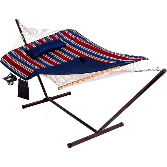 Lazy Daze Hammocks 12 Feet Steel Hammock Stand with Cotton Rope Hammock Combo, Quilted Polyester Hammock Pad, Pillow, Mag Bag and Cup Holde,Red/White Stripe