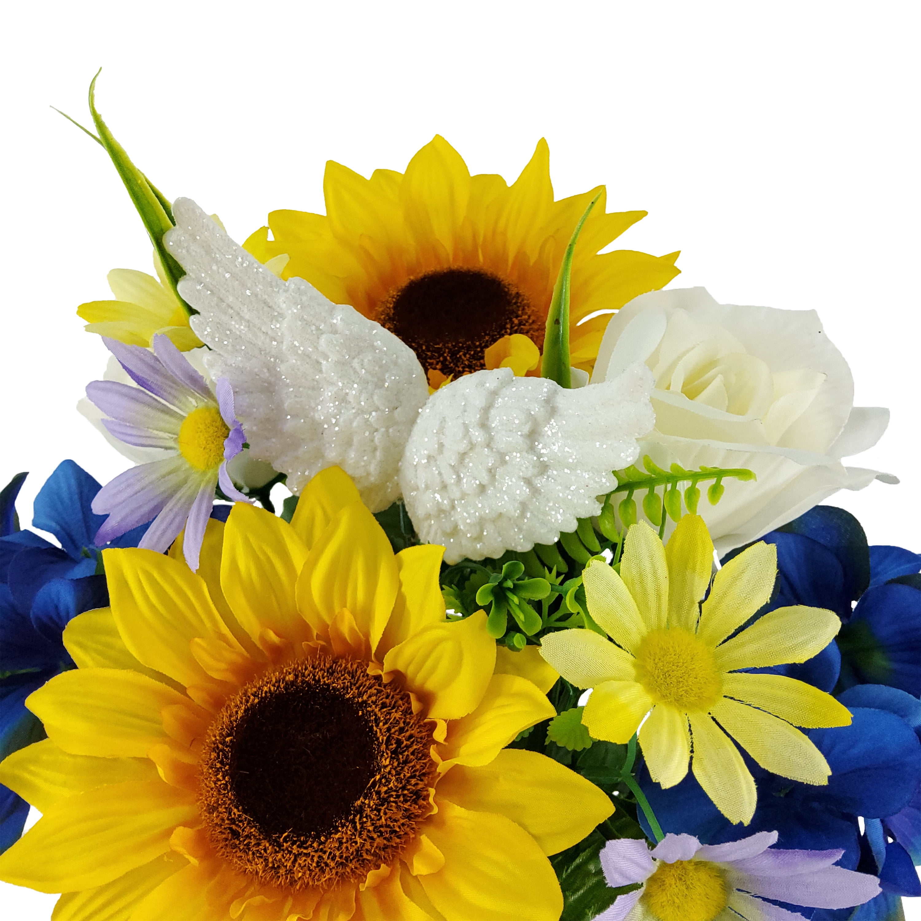 Mainstays 18in Indoor and Outdoor Artificial Sunflower and Hydrangea Bouquet,Yellow and Blue Color.