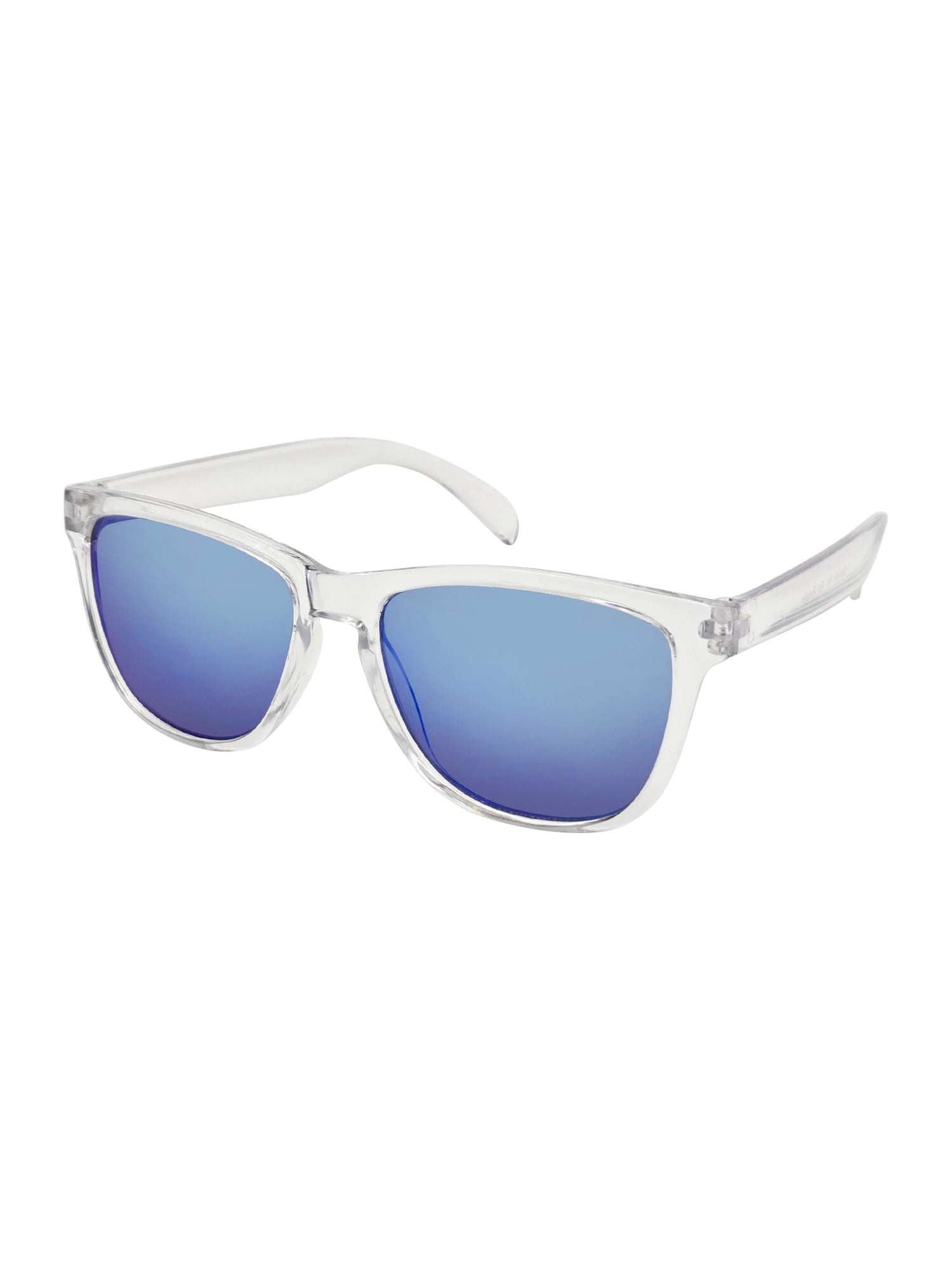 Mens Plastic Wayfarer Clear Frame Blue Mirror Lens Sunglasses