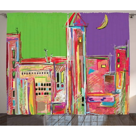Fine Bedroom Sets Fine Art Curtains 2 Panels Set, Pastel Toned Quirky Purple Skyline of Urban View with Moon Twilight Authentic Town, Window Drapes for Living Room Bedroom, 108W X 90L Inches, Multicolor, by Ambesonne ()