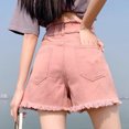 thumbnail image 5 of ClodeEU Women's High Waisted Soft Denim Shorts with Frayed Hem,Loose Fit Casual Jean Shorts Pink,Womens Plus S, 5 of 6