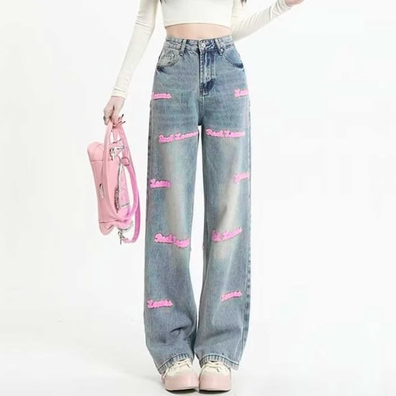 HOWPAY Womens Jeans Wide Leg High Waisted Stretchy Button Denim Pants with Pockets Loose Comfort Straight Leg Vintage Streetwear Baggy Jeans Pink L