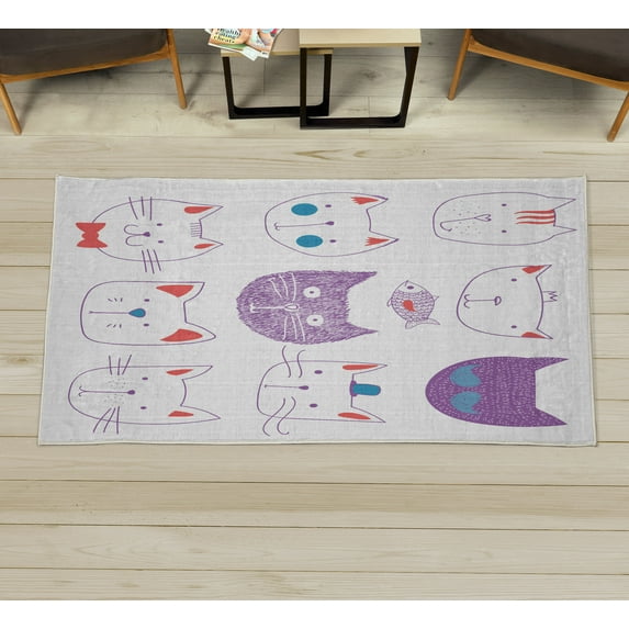 Cat Decorative Rug, Pets Moustache Bow Tie Hat Crown Fluffy and Fish Humor Faces Graphic, Quality Carpet for Bedroom Dorm and Living Room, 6 Sizes, Violet Scarlet, by Ambesonne