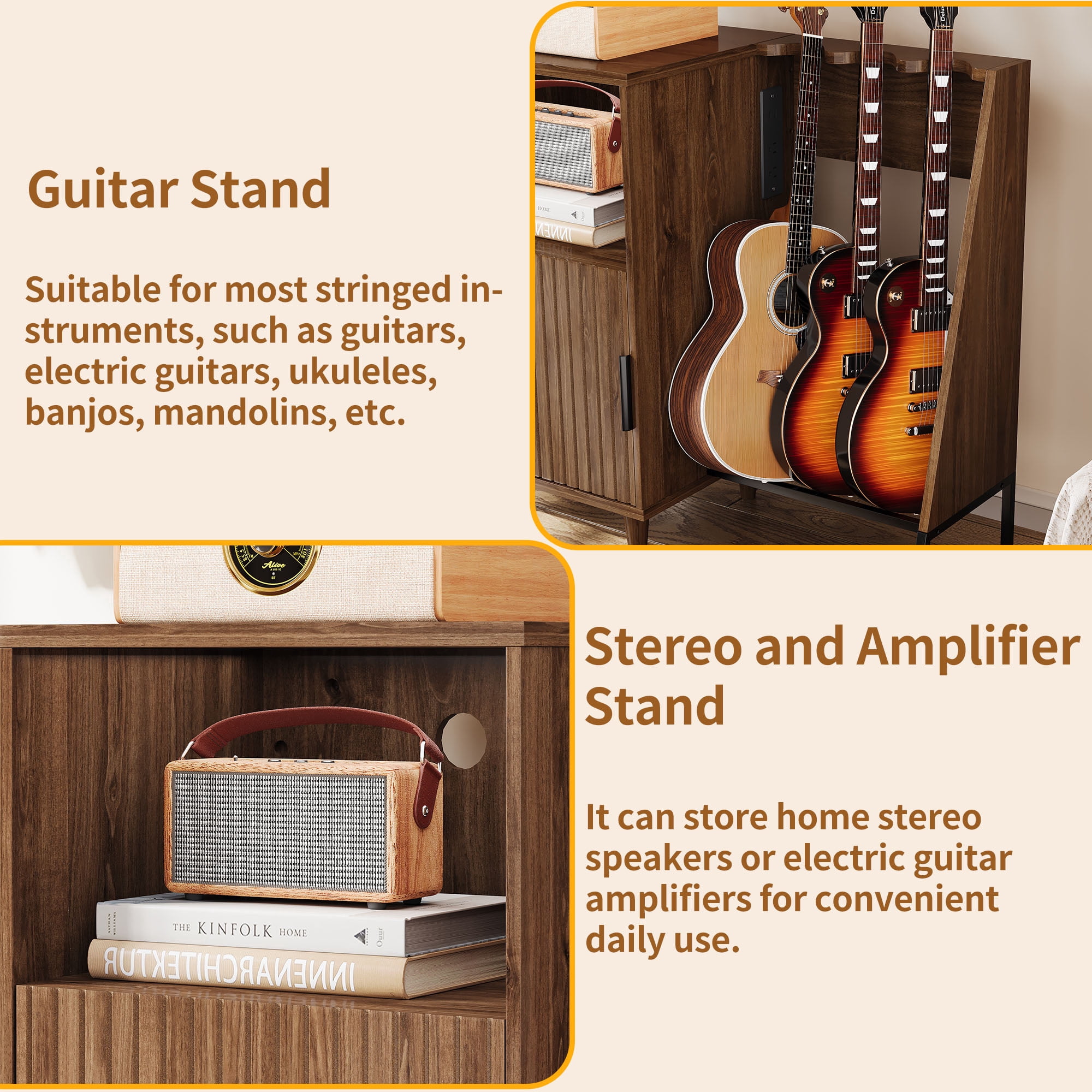 WARAYZ Guitar Stand & Record Player Shelf, Vinyl Record Organizer Cabinet, Acoustic/Electric Guitar Rack with Built-in Power Outlet & Speaker Storage
