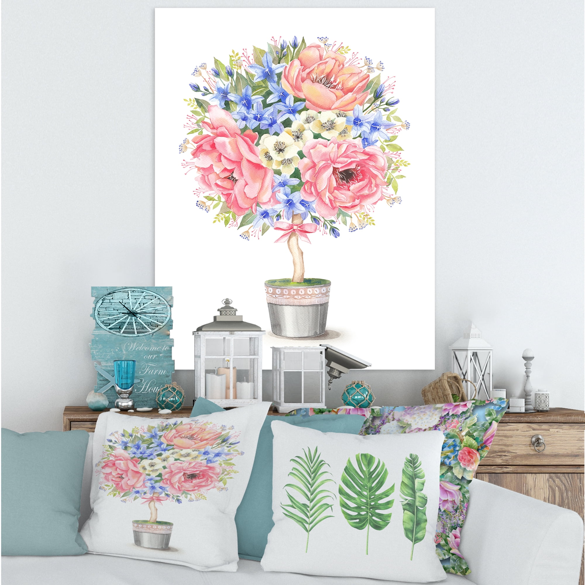 Designart ' A Bow With Flower Tree In A Pot ' Farmhouse Canvas Wall Art Print