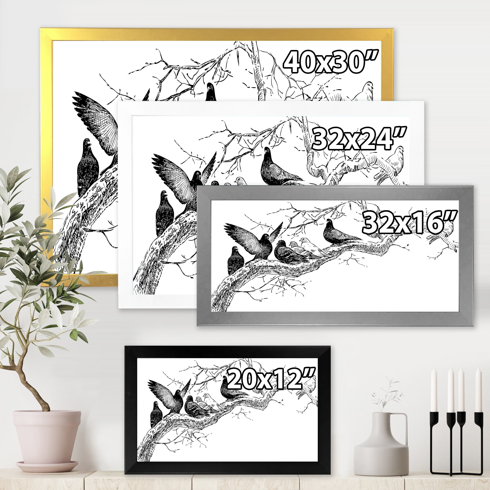 Designart 'Pigeons Sitting On The Tree Branch' Traditional Framed Art Print